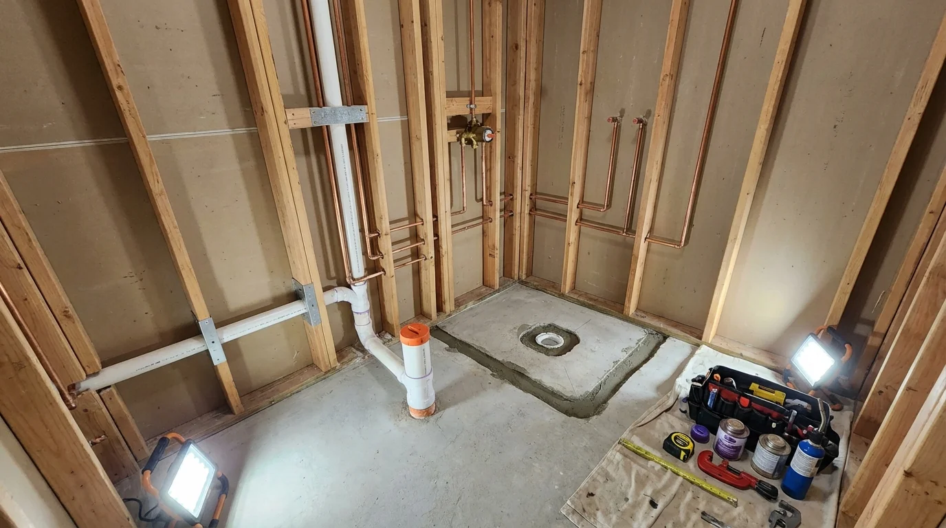 Bathroom rough-in plumbing during remodel by Johns Plumbing LLC in Poulsbo