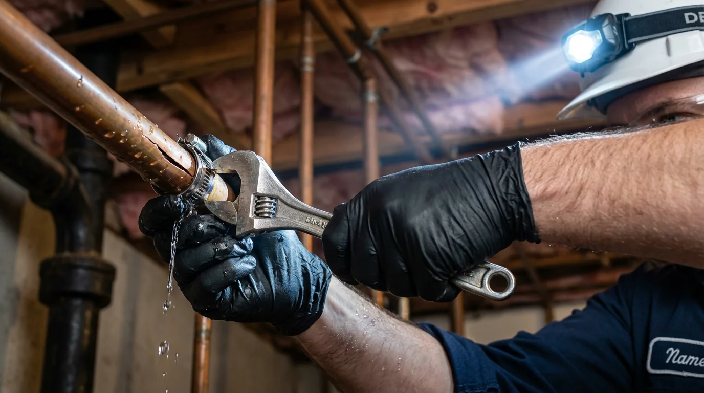 Emergency pipe clamp repair being performed by a Johns Plumbing LLC plumber in Poulsbo