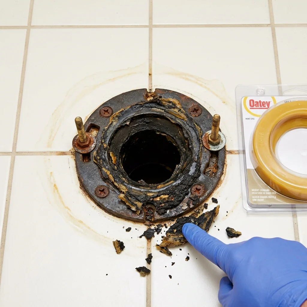 Failed wax ring showing water seepage at the base of a toilet in a Poulsbo, WA home