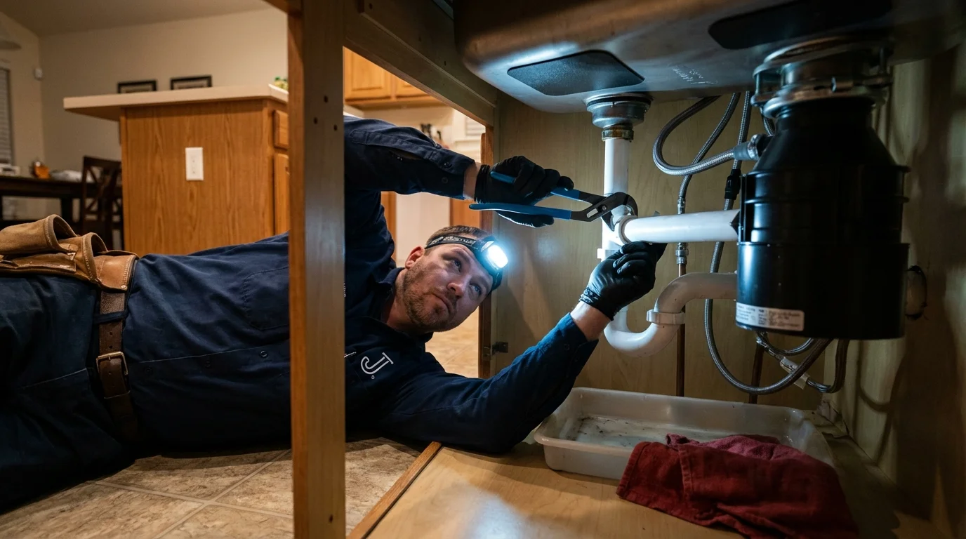 P-trap and supply line connections under a kitchen sink showing a common leak point in Poulsbo, WA